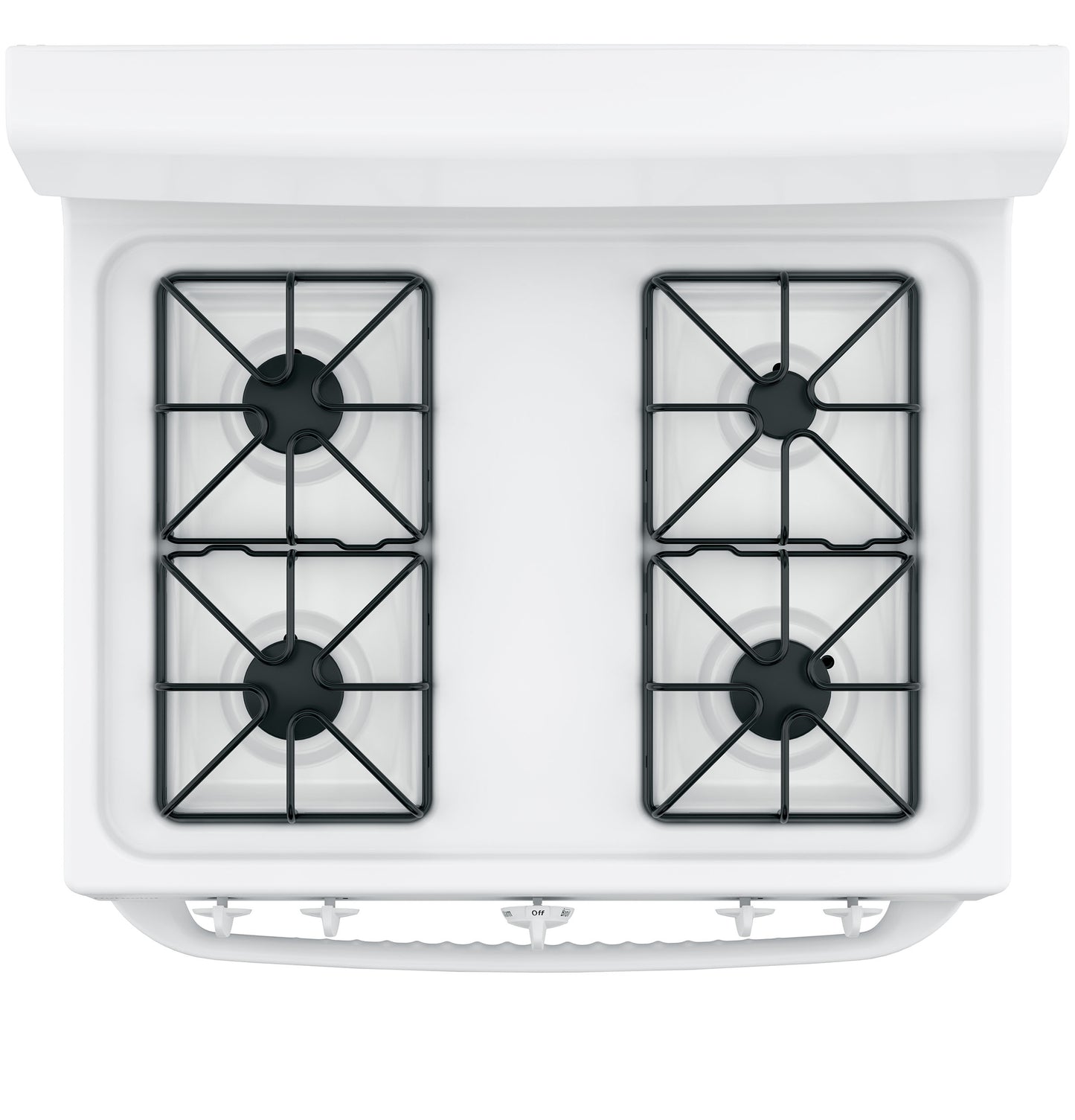 Top view of white free-standing gas range with four burners and black grates in kitchen appliances collection