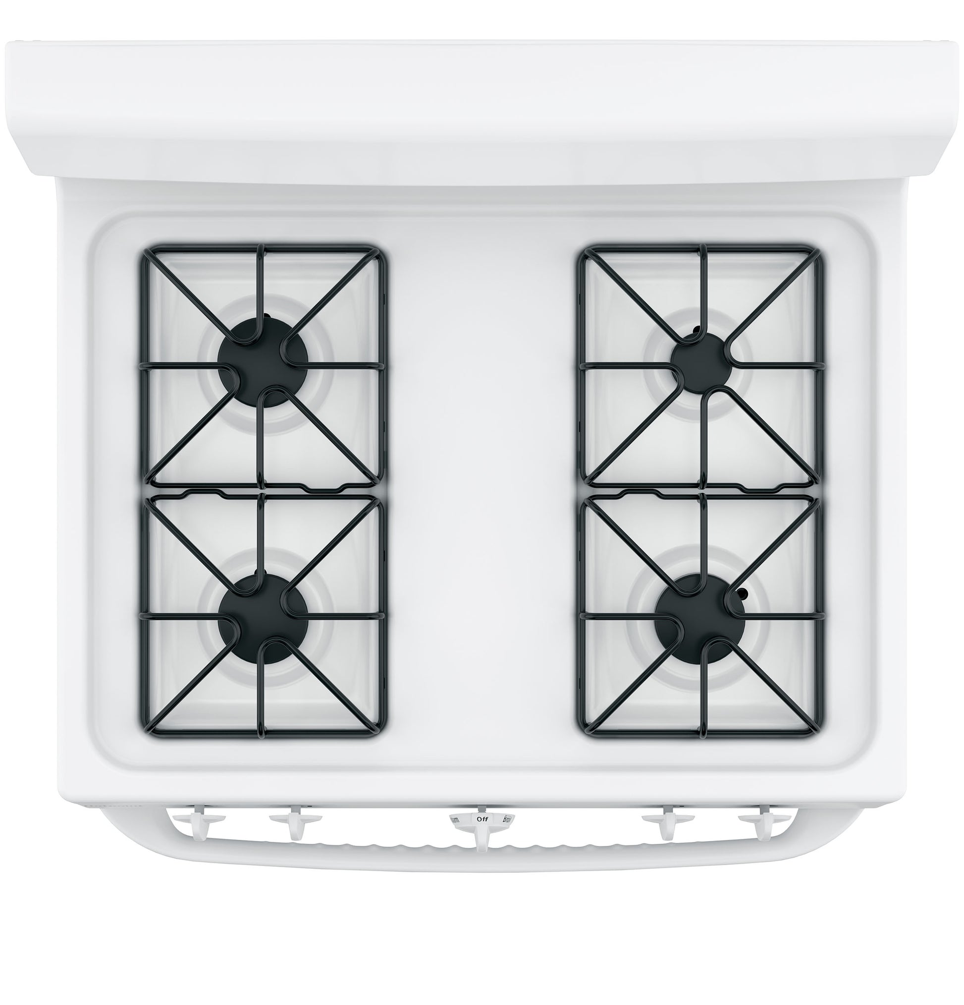 Top view of white free-standing gas range with four burners and black grates in kitchen appliances collection