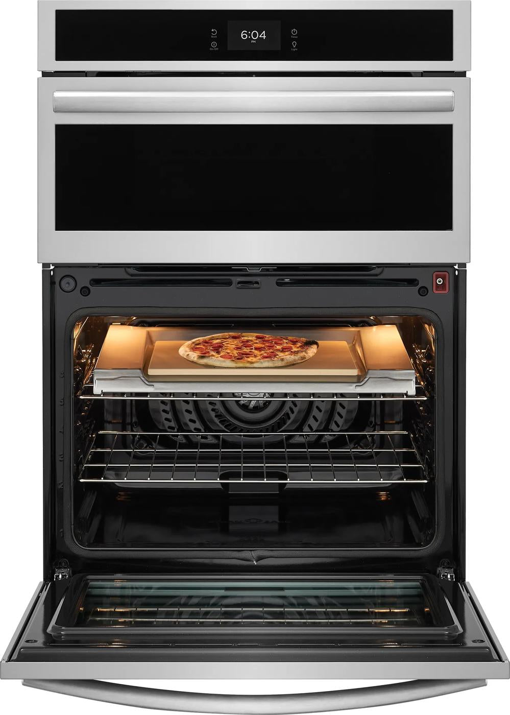 Stainless steel electric wall oven with digital display, open door, and stone-baked pizza inside from kitchen appliances collection