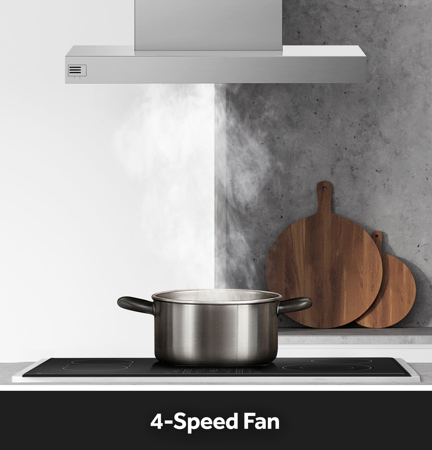 Stainless steel vent hood extracting steam from a pot on black cooktop in modern kitchen setting with cutting boards