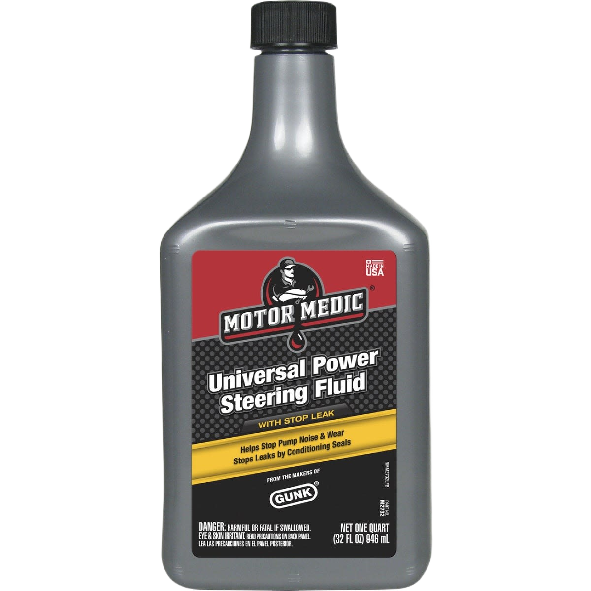 Gray plastic bottle of universal power steering fluid with red and yellow label in automotive fluids and lubricants collection