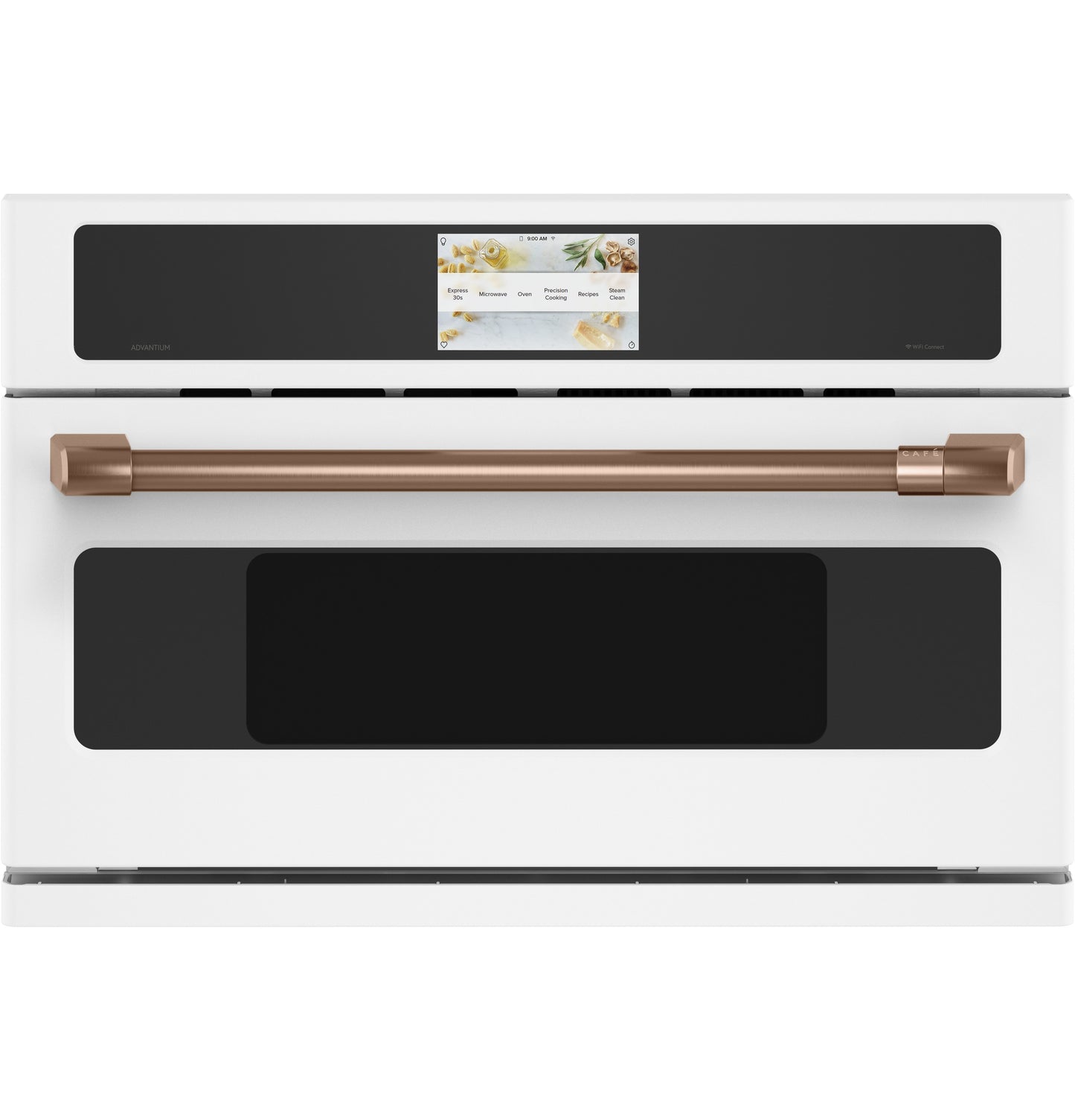 White single wall oven with bronze handle and digital touchscreen from kitchen appliances and wall ovens collection