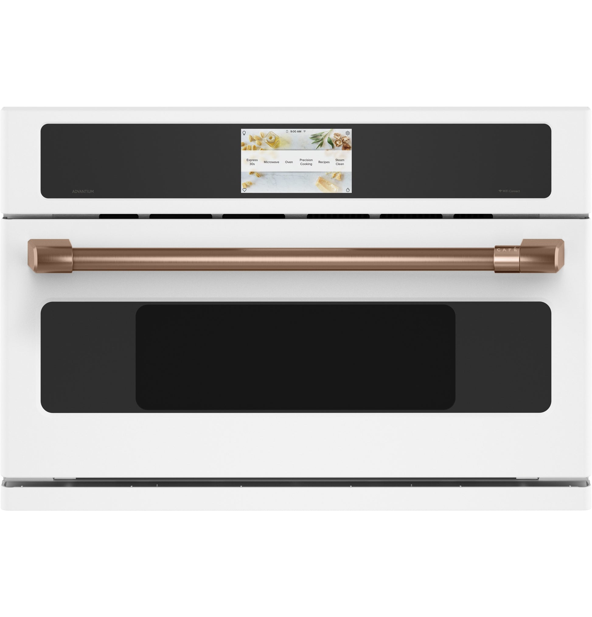 White single wall oven with bronze handle and digital touchscreen from kitchen appliances and wall ovens collection