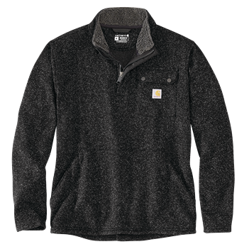 Black knit long sleeve quarter-zip sweatshirt with chest pocket and soft textured fabric for outdoor wear