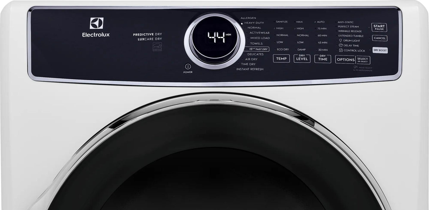White front-load gas dryer with circular digital display and control panel in Dryers and Appliances collections