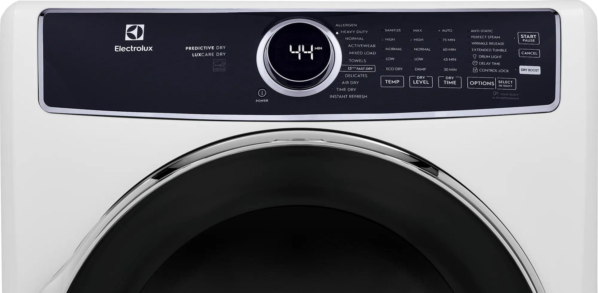 White front-load gas dryer with circular digital display and control panel in Dryers and Appliances collections