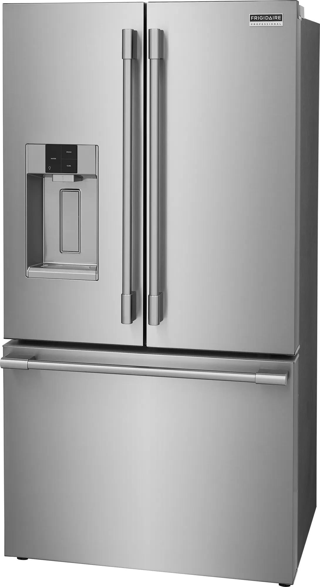 stainless steel counter-depth French door refrigerator with external water dispenser and bottom freezer drawer in appliances collection