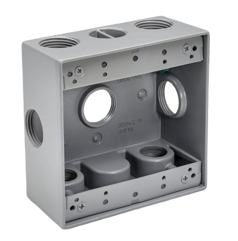 Gray metal electrical box with multiple conduit openings and side access for home improvement projects