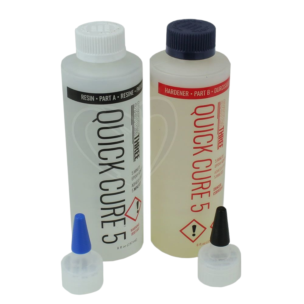 Two bottles of quick cure epoxy resin and hardener with screw-on dispensing caps for home improvement projects