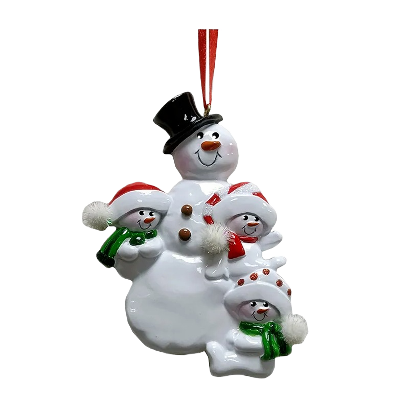 Ceramic snowman ornament featuring a smiling snowman with two children in holiday hats and scarves