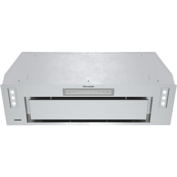 Stainless steel custom insert hood with LED lighting and digital touch controls in Thermador range hood collection