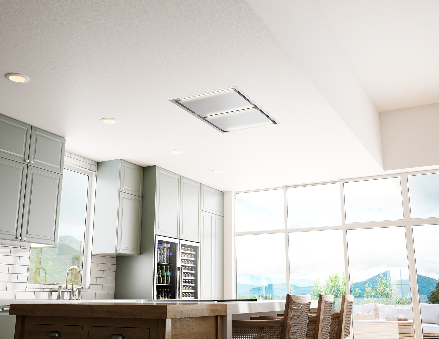 Modern minimalist ceiling-mounted range hood with integrated smart controls in a bright kitchen setting from Range Hoods collection