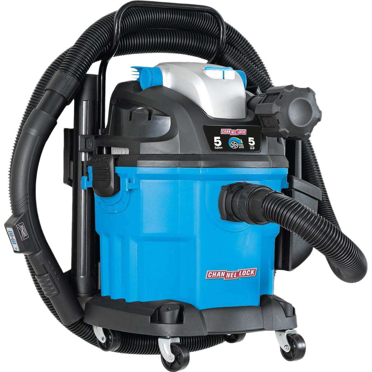 Blue and black 5-gallon wet/dry vacuum with mounted hose and caster wheels for tools and home improvement use