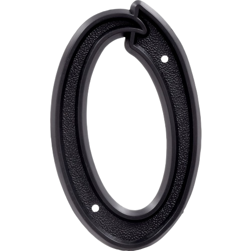 Black plastic house number zero with textured finish and pre-drilled holes for easy mounting in home improvement projects