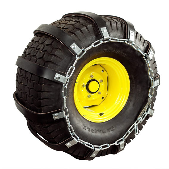 Rubber traction belt with heavy-duty chains and straps fitted on a rugged tire with yellow steel rim for outdoor use