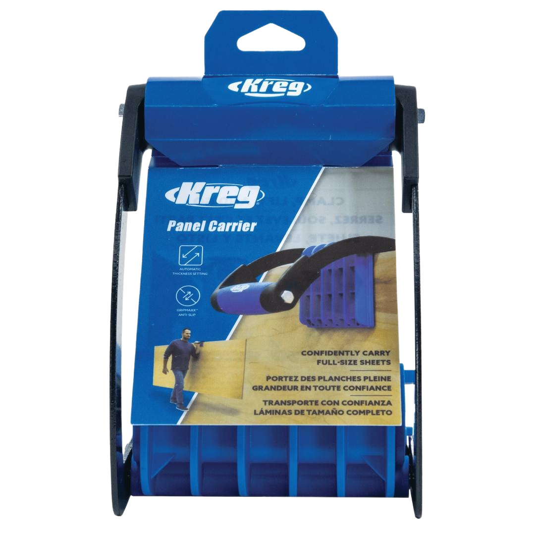 Blue and black Kreg panel carrier tool for easy lifting of large plywood sheets in woodworking tool accessories collection