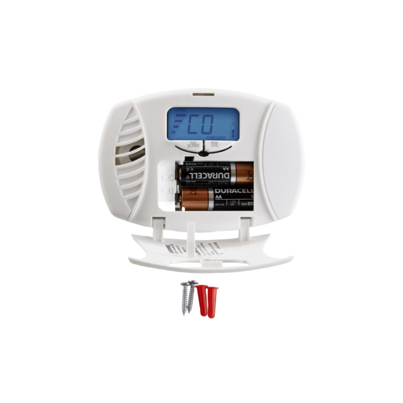 White dual-power carbon monoxide plug-in alarm with digital display and battery backup for fire safety and electrical collections under 100
