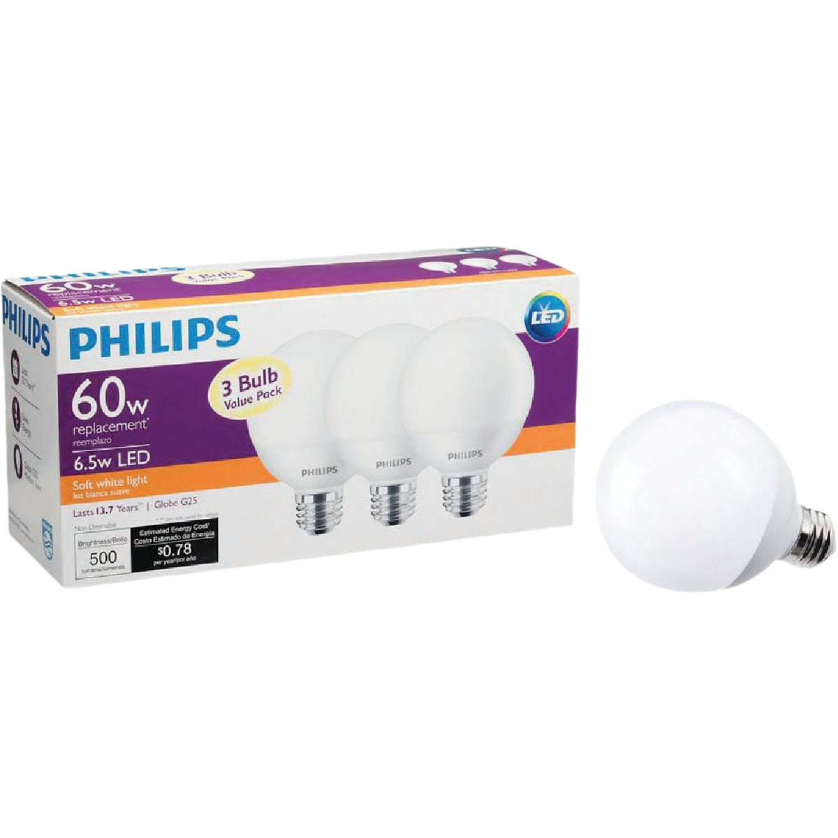 Three-pack of medium base LED globe bulbs with 60 watt equivalent output for lighting and electrical home improvement collections