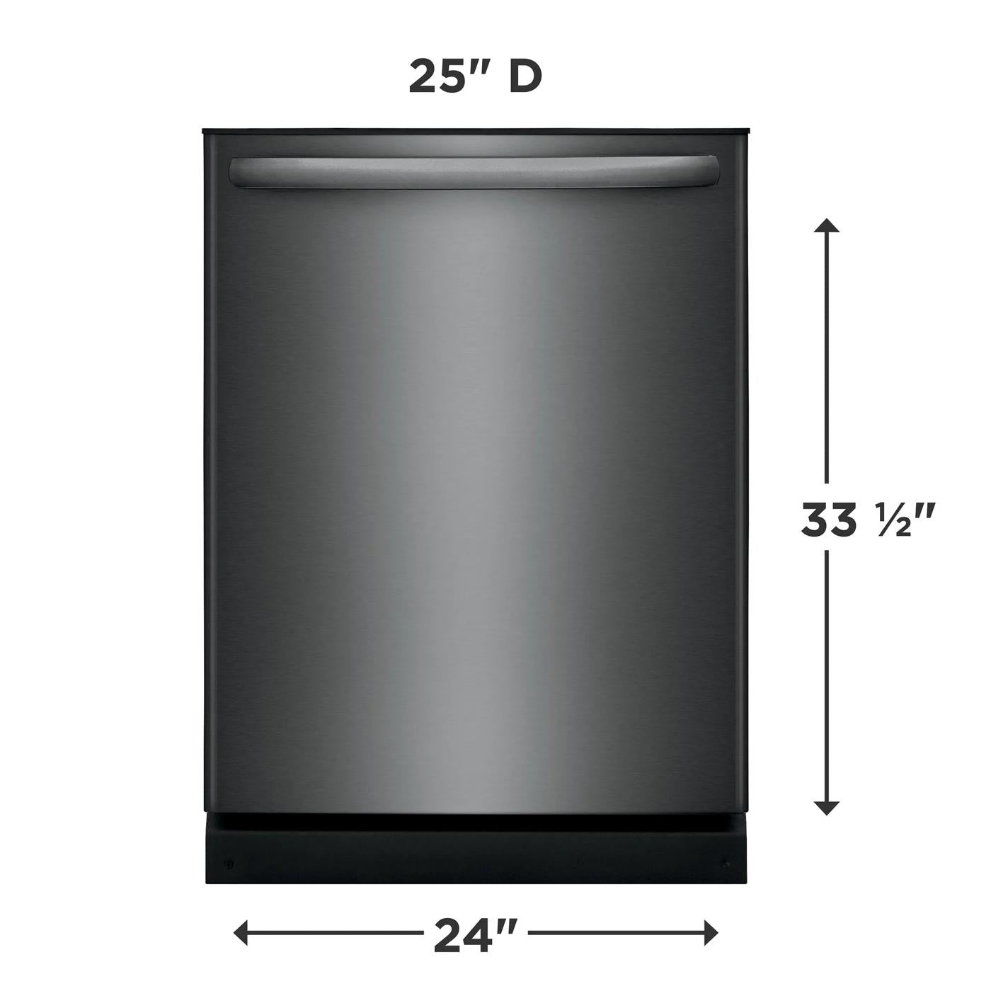 Front view of black 24-inch built-in dishwasher with curved handle and dimensions for kitchen appliance and home improvement use