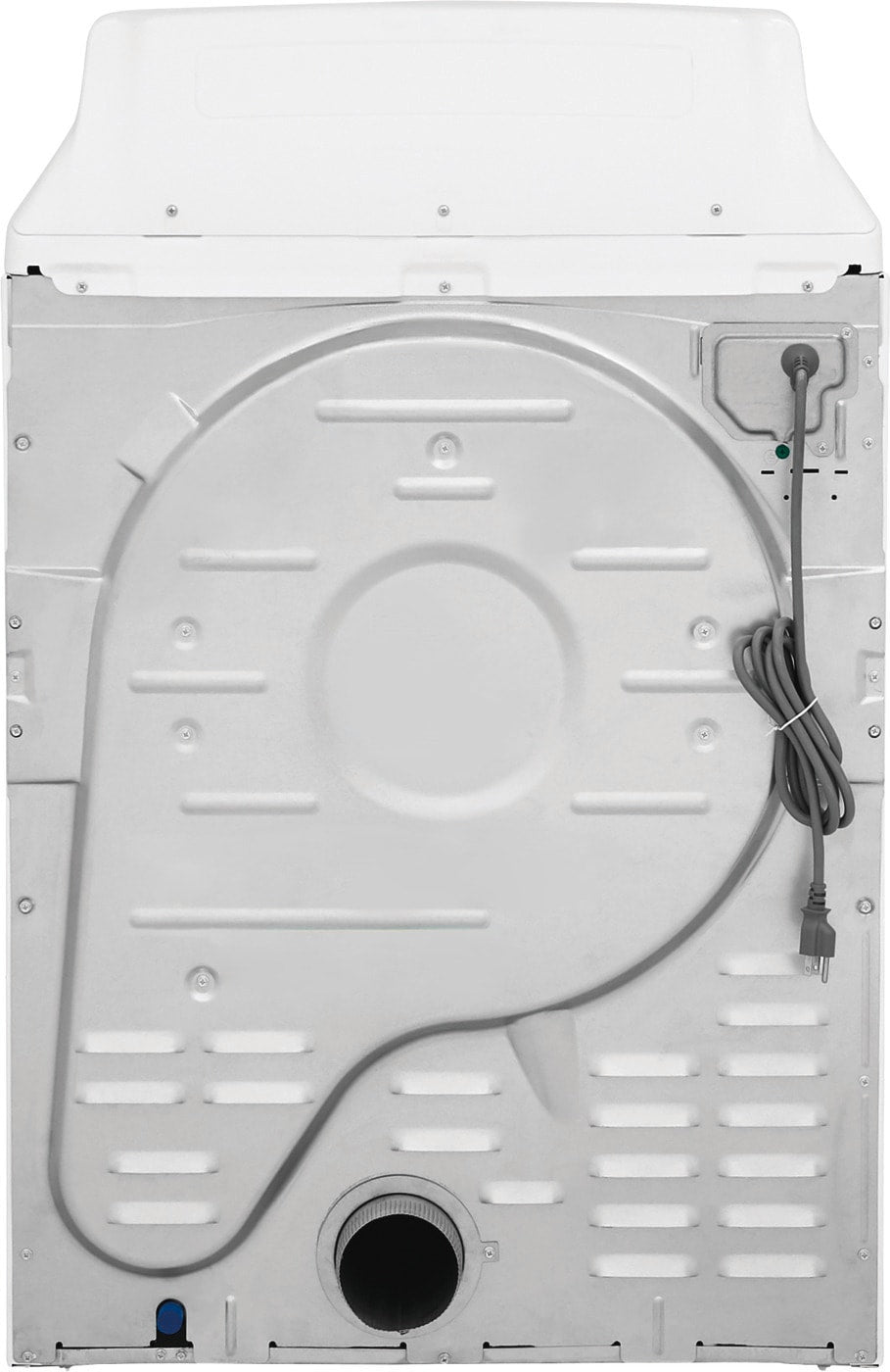 Back view of a large capacity free standing gas dryer showing vent outlet and power cord in appliance setting