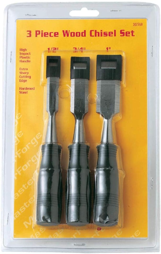 Three woodworking chisels with high-impact plastic handles and hardened steel blades in a tool set under $50
