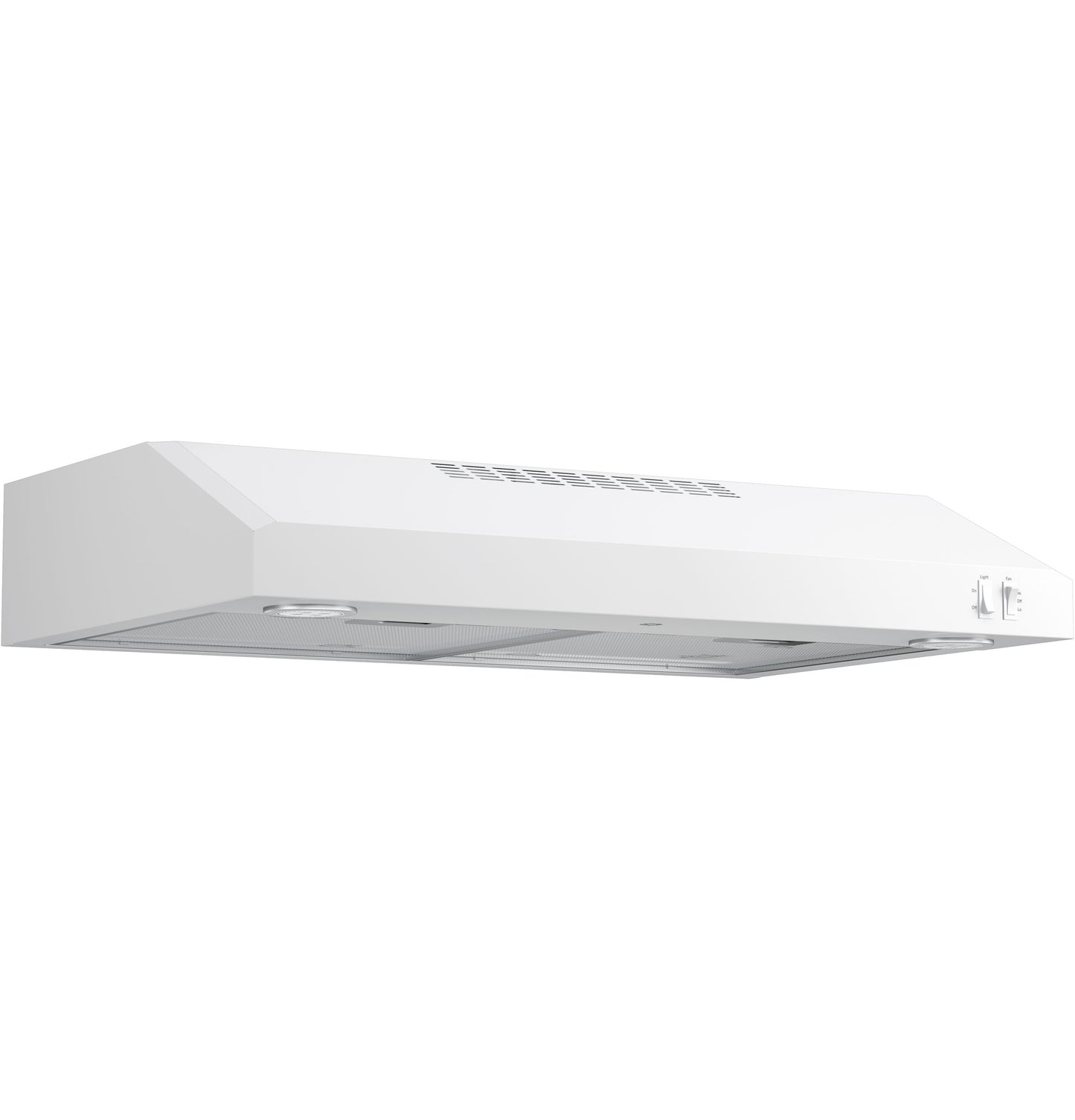 White under cabinet range hood with two filters and control knobs, part of kitchen appliances and range hoods collection