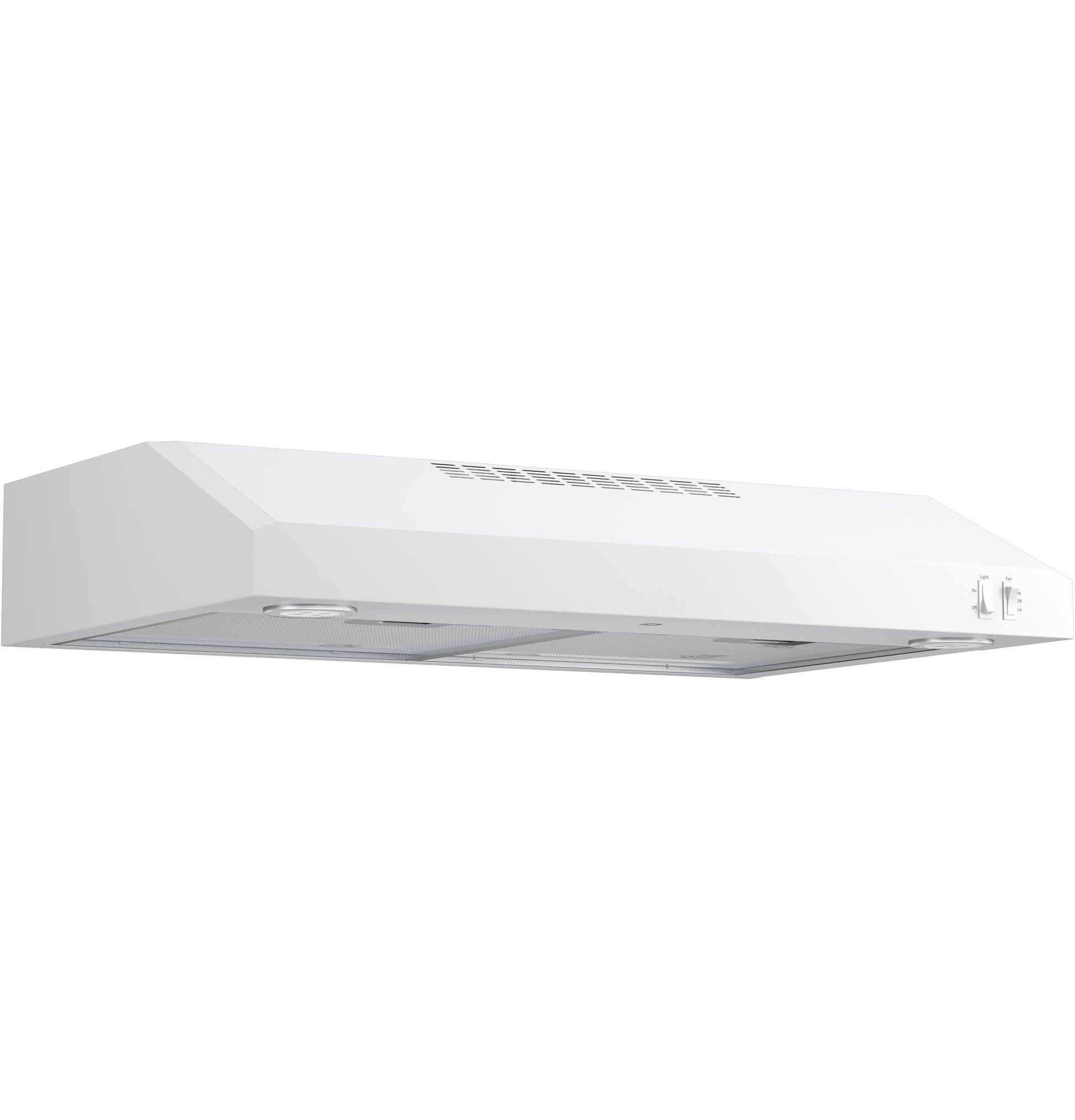 White under cabinet range hood with two filters and control knobs, part of kitchen appliances and range hoods collection