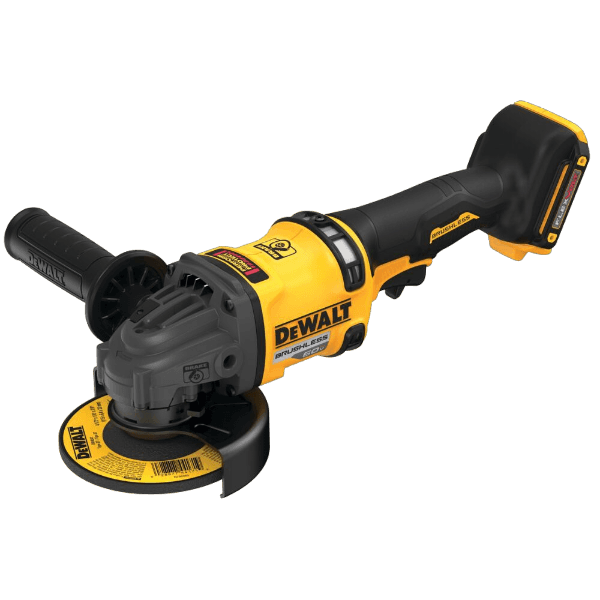 Yellow and black cordless grinder with side handle and kickback brake for home improvement and tools use