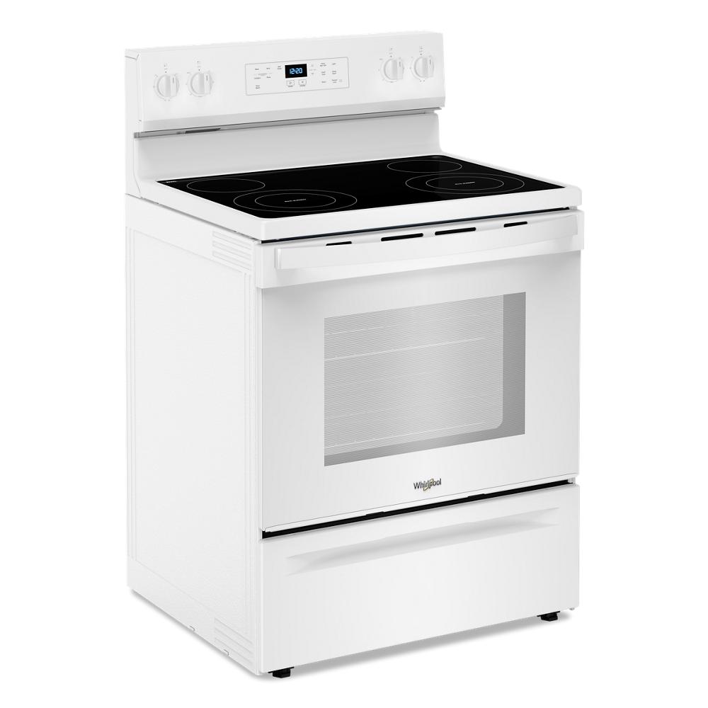 White 30-inch electric range with smooth glass cooktop, control knobs, digital display, and self-clean oven from Appliances collection