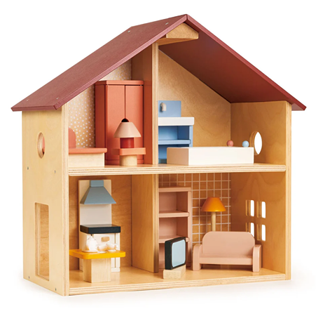 Wooden miniature dollhouse with two floors, furnished with pastel-colored miniature furniture and fixtures