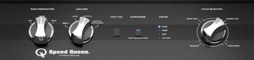 Black control panel of a Speed Queen washer featuring multiple dials and buttons for wash temperature, load size, and cycle selection