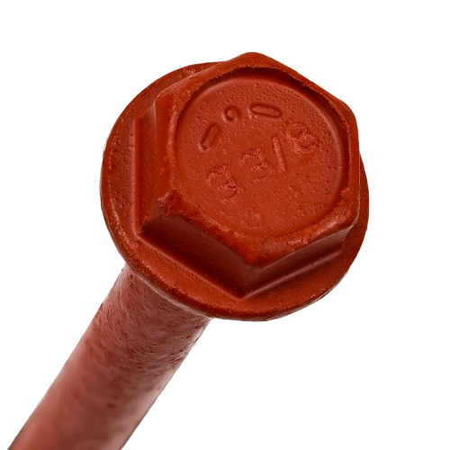 Close-up of red painted hex-head hook bolt for lumber and building materials in hardware and fastener collections