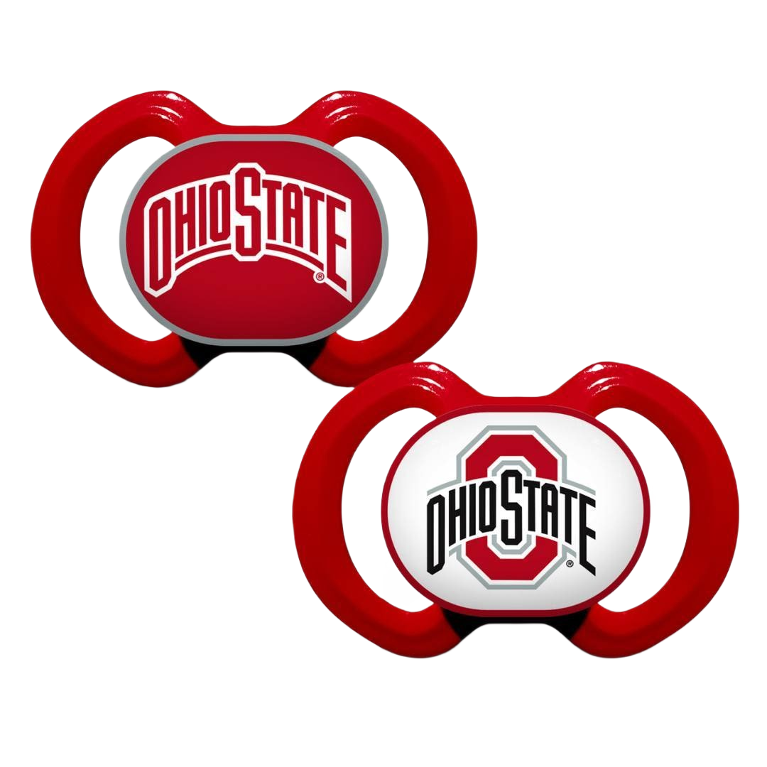 Two red baby pacifiers featuring Ohio State logos with one in red and the other in white center design