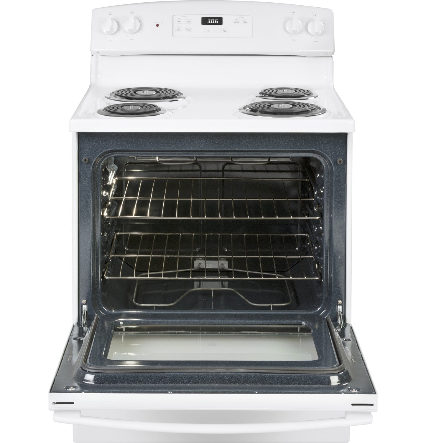 Open front view of white free-standing electric range with coil burners and two oven racks from kitchen appliances collection
