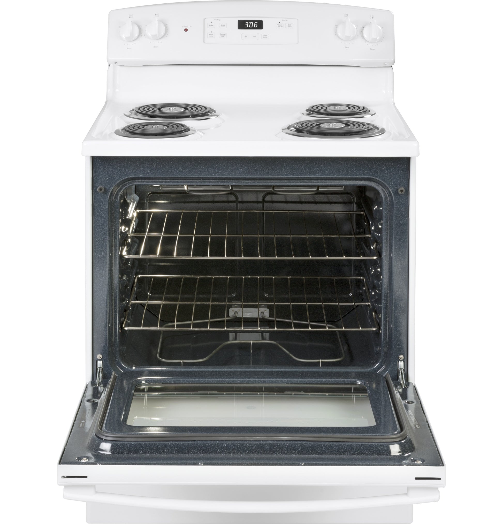 Open front view of white free-standing electric range with coil burners and two oven racks from kitchen appliances collection