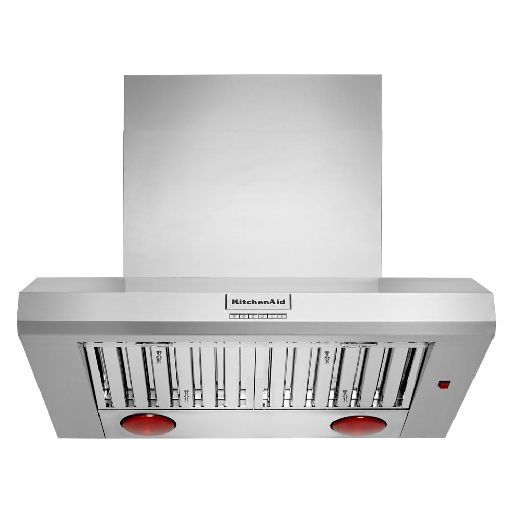 Stainless steel wall-mount canopy range hood with commercial-style vent and two red indicator lights for kitchen appliances collections