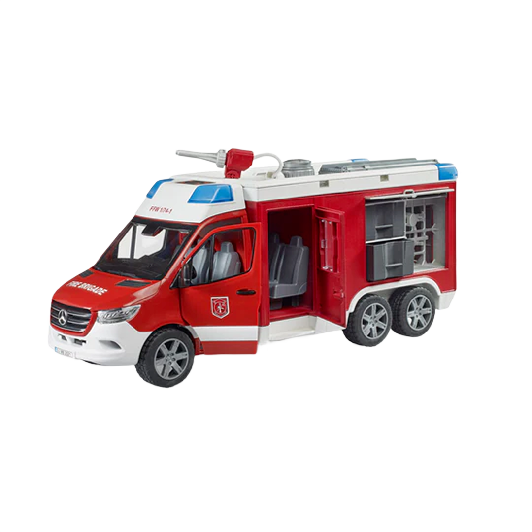 Red and white toy fire engine with open side doors, cabin seating, and detailed equipment compartments