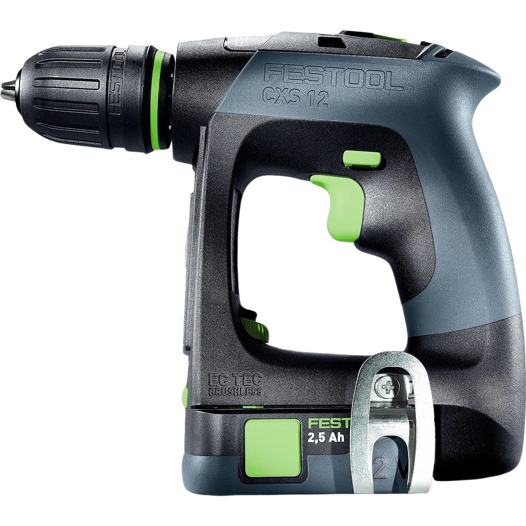 Compact cordless drill with ergonomic grip, brushless motor, green accents, and metal belt clip for woodworking power tools