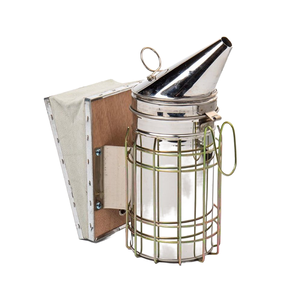 Stainless steel beekeeping smoker with wired protective grid and wooden bellows for safe hive management tasks