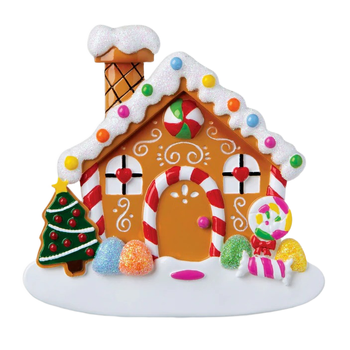 Festive gingerbread house ornament decorated with candy details and Christmas tree for holiday décor under $50 collection