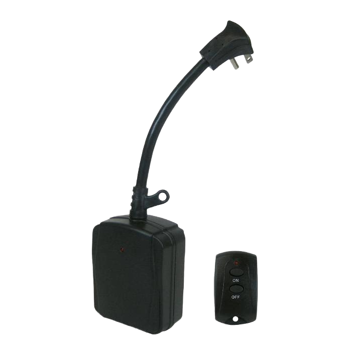 Compact black wireless remote control and transmitter with flexible antenna for outdoor home improvement use