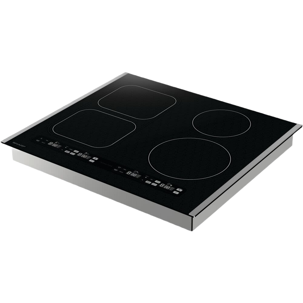 Black glass induction cooktop with four heating zones and digital touch controls in kitchen appliances collection
