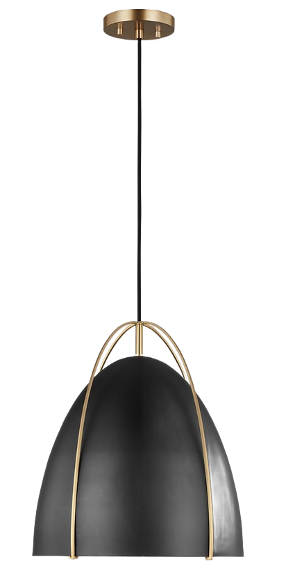 Modern pendant light with satin brass frame and black steel shade for bathroom and ceiling lighting collections