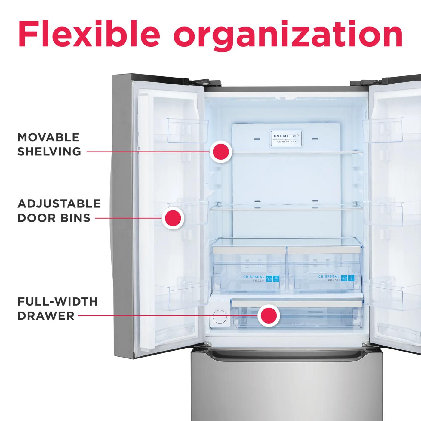 Open French door refrigerator highlighting movable shelving, adjustable door bins, and a full-width drawer for flexible storage.