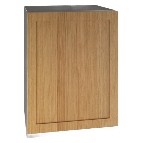 Built-in kitchen appliance featuring a reversible hinged door with wood panel front for integrated look in kitchenware collection
