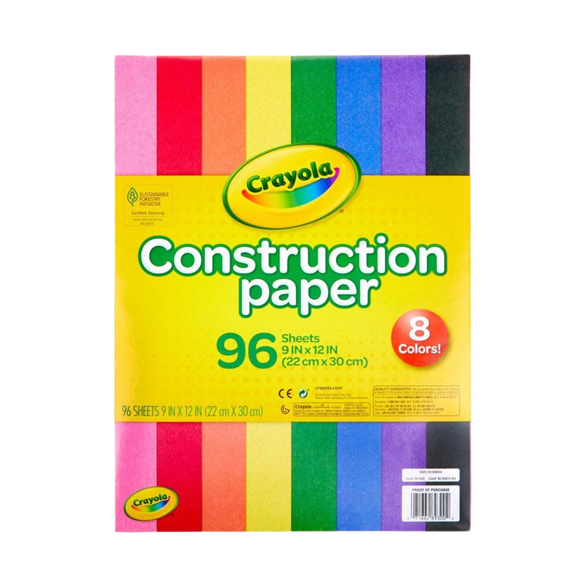 Bright assortment of 96 Crayola construction paper sheets in eight vibrant colors for crafting and art projects