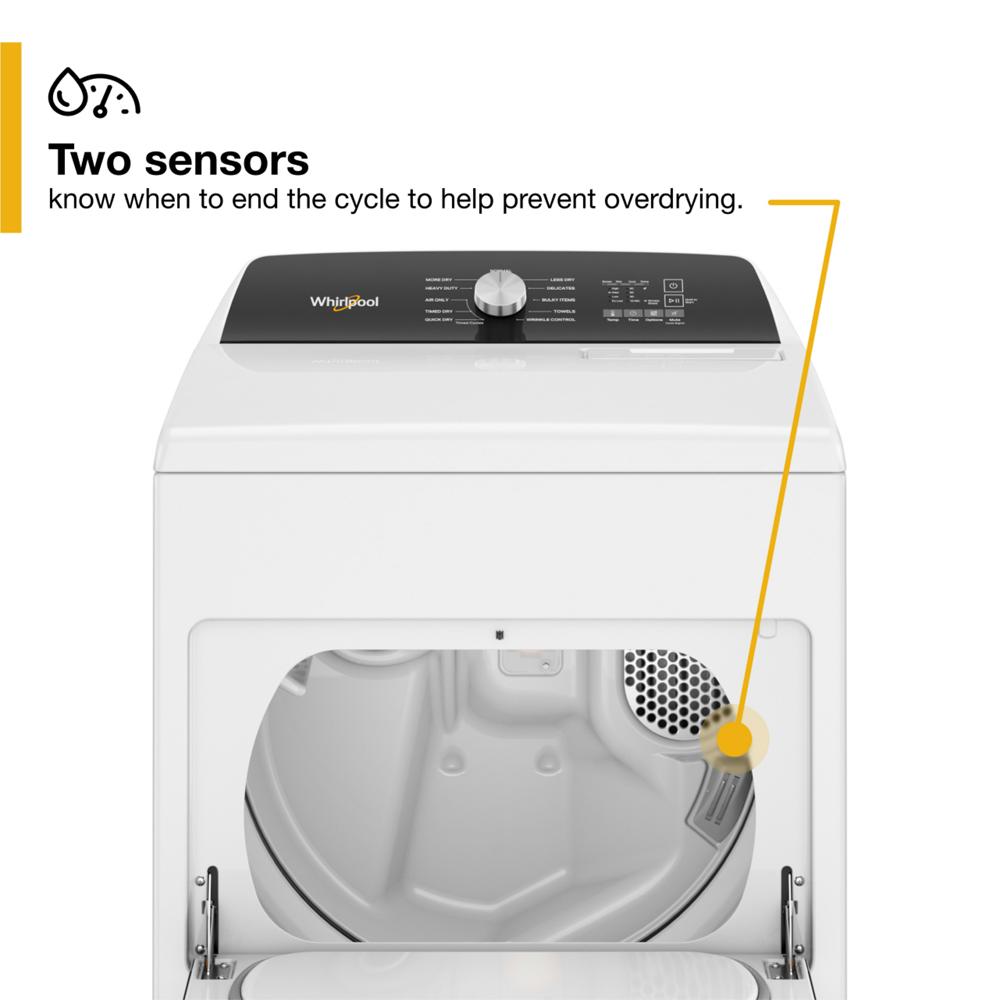 Open white top load dryer showing interior drum and sensor feature to prevent overdrying in appliances collection