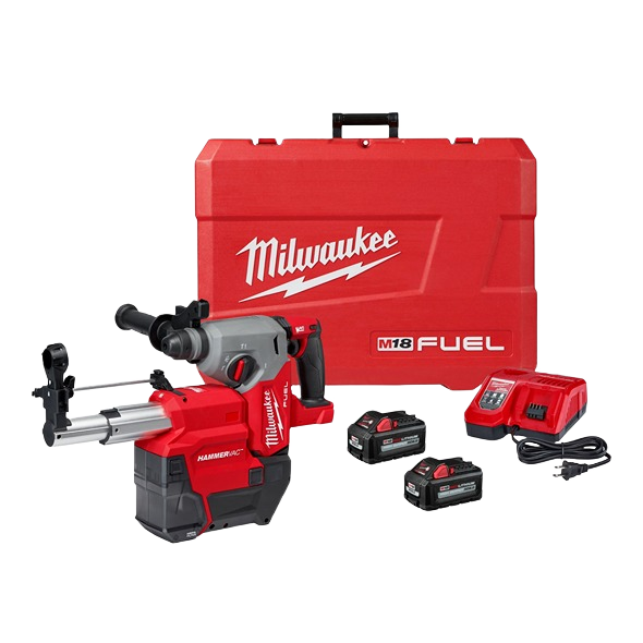Red and gray rotary hammer with dust extractor, two batteries, charger, and red storage case for tools and home improvement use