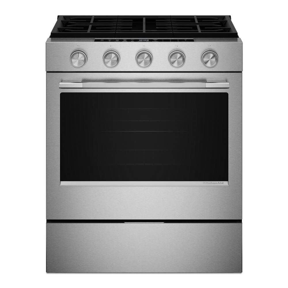 30-inch stainless steel smart slide-in gas range with five control knobs, convection cooking, and large oven window, part of KitchenAid, Ranges, Gas Ranges, Kitchen & Kitchenware, Appliances collections.