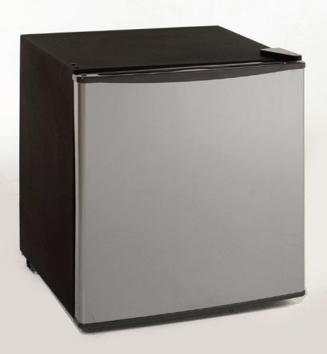 Compact all refrigerator with stainless steel door and black body, ideal for kitchen and appliances collection
